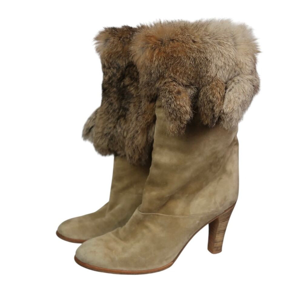 Vintage 80s Maud Frizon Tan Suede Rabbit Fur Trim Heeled Boots 39